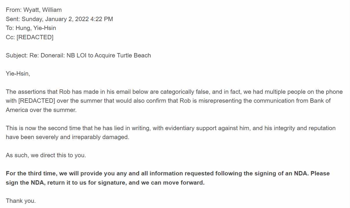 Un e-mail de Donerail à Turtle Beach concernant une vente potentielle.