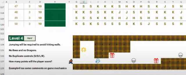 Partie du quatrième niveau du jeu de plateforme basé sur Excel 