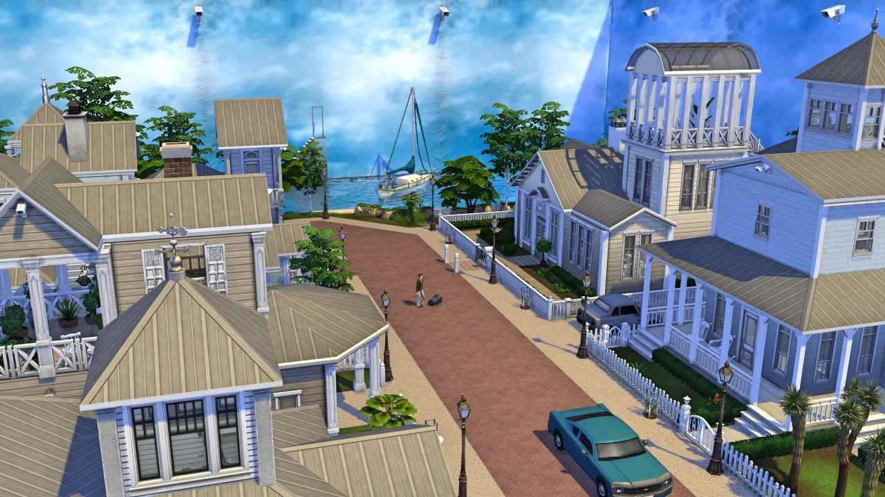 Une capture d'écran de la deuxième version Sims 4 de Simoniona de Seahaven de The Truman Show.  C'est la même rue qu'avant, mais cette fois tout est entouré de panneaux de décors de cinéma pour créer un faux ciel, et des caméras sont visibles partout.