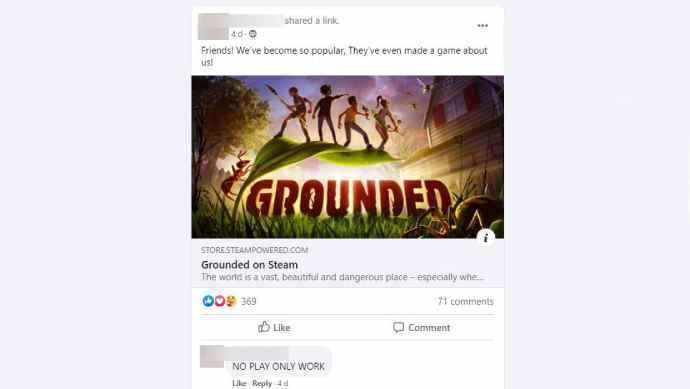 Une autre capture d'écran d'une publication sur le groupe Facebook de la colonie de fourmis, cette fois un lien vers la page de la boutique Steam du jeu.  Il est sous-titré 