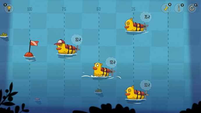 Quatre canards alimentés par batterie tentent d'atteindre un drapeau dans Lost In Play