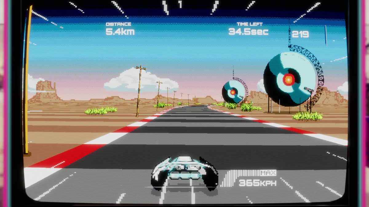 Une capture plein écran d'un jeu de course futuriste dans Arcade Paradise
