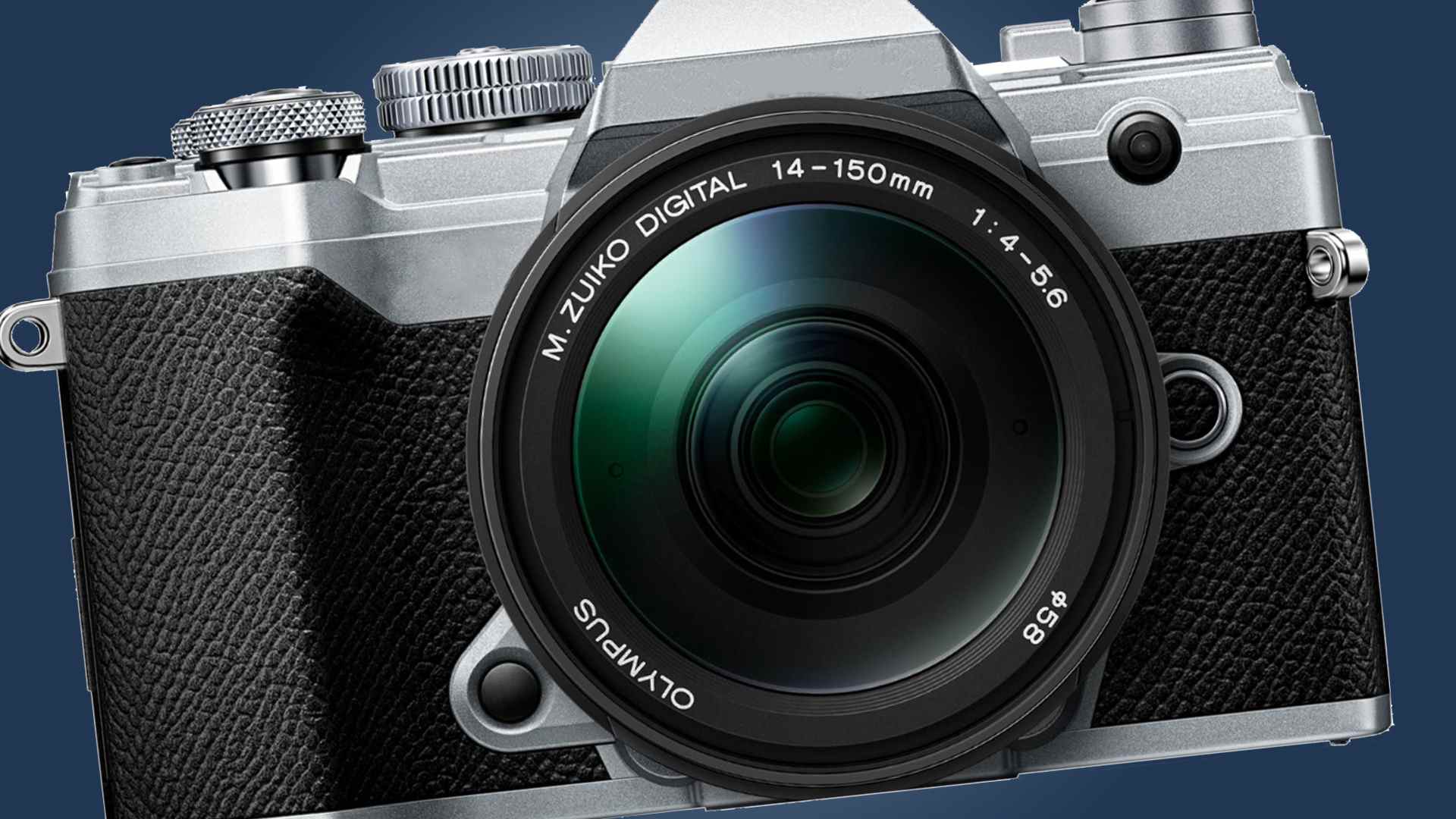 L'appareil photo Olympus E-M5 Mark III sur fond bleu