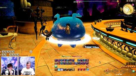 FFXIV patch 6.2 - monture de gelée spatiale, une méduse flottante géante à l'intérieur de laquelle le joueur est assis.  C'est un bleu profond et semble être rempli d'étoiles