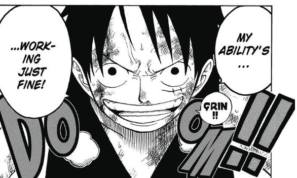 Luffy de One Piece regarde son adversaire avec ambition.  Il dit 