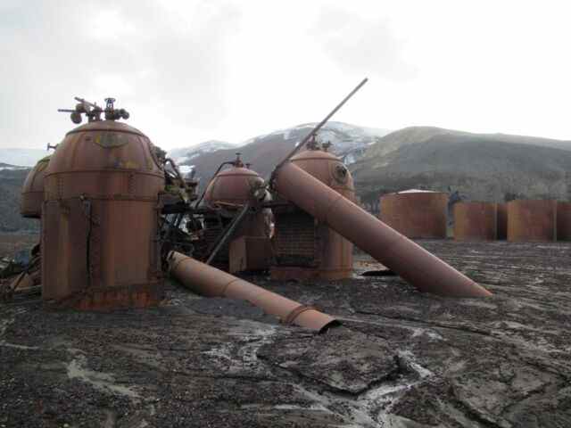 Ces cuisinières et chaudières à Whalers Bay, Deception Island, Antarctique, ont été utilisées pour faire bouillir la peau et la graisse des baleines, en extrayant leur huile, de 1912 à 1931.