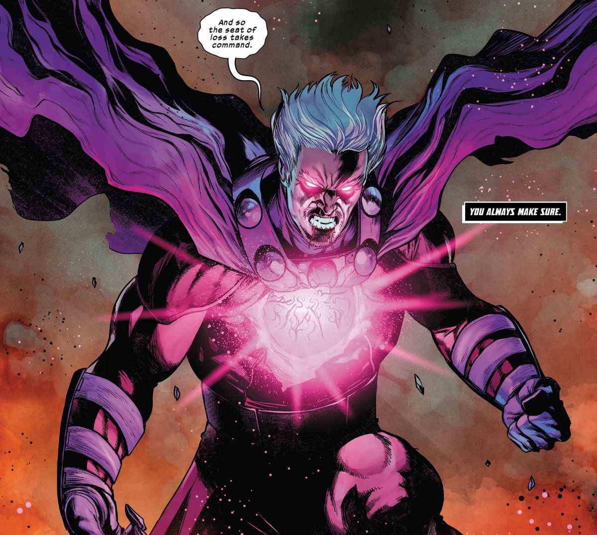 « Et c'est ainsi que le Siège de la Perte prend le commandement, dit un Magnéto qui se lève, la cape gonflée.  ses yeux brillent de rose, tout comme la cavité béante de sa poitrine qui est remplie de petits filaments d'apparence biologique dans X-Men Red # 5 (2022).