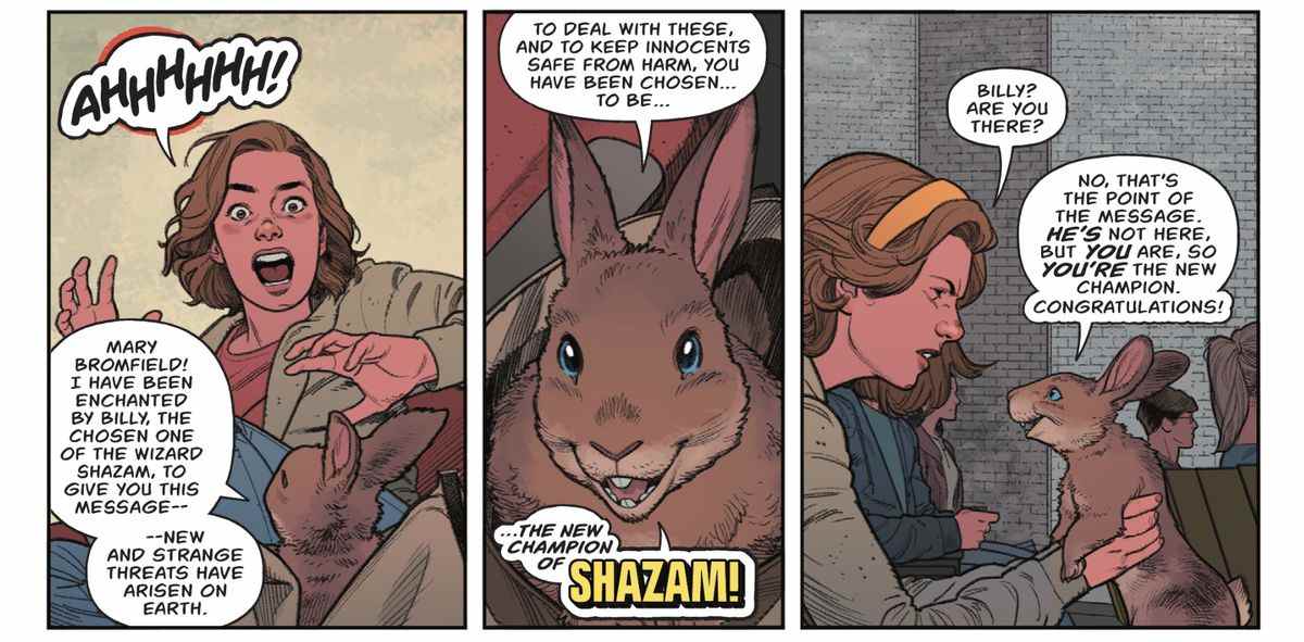 Mary Marvel hurle alors qu'un lapin brun sort de son sac à main pour lui dire joyeusement 