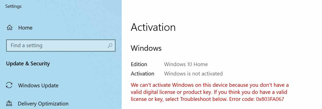 Menu des paramètres d'activation de Windows