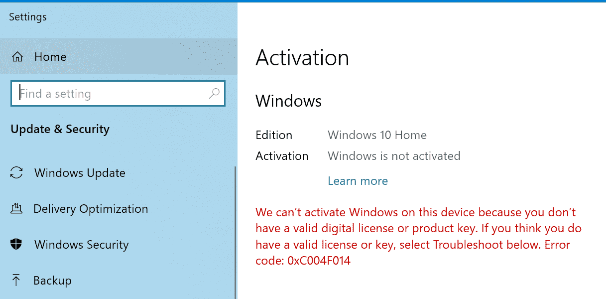 écran d'activation des paramètres Windows