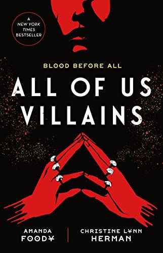 La couverture de l'émission All of Us Villains a une moitié inférieure illustrée d'un visage et deux mains formant une pose en triangle, le tout de couleur rouge sang.