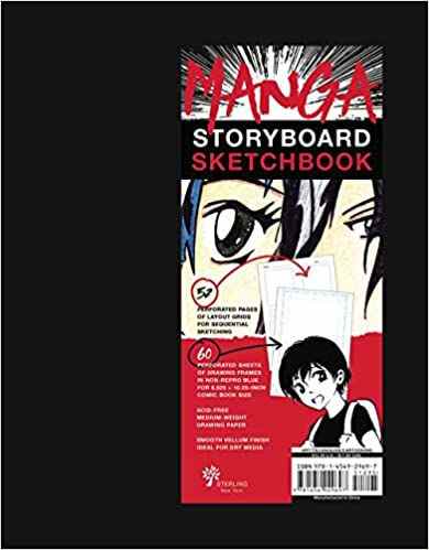 La couverture de Manga Storyboard Sketchbook, qui a un visage de style manga en toile de fond, ainsi que des exemples de ce à quoi ressemblent les cellules intérieures illustratives.