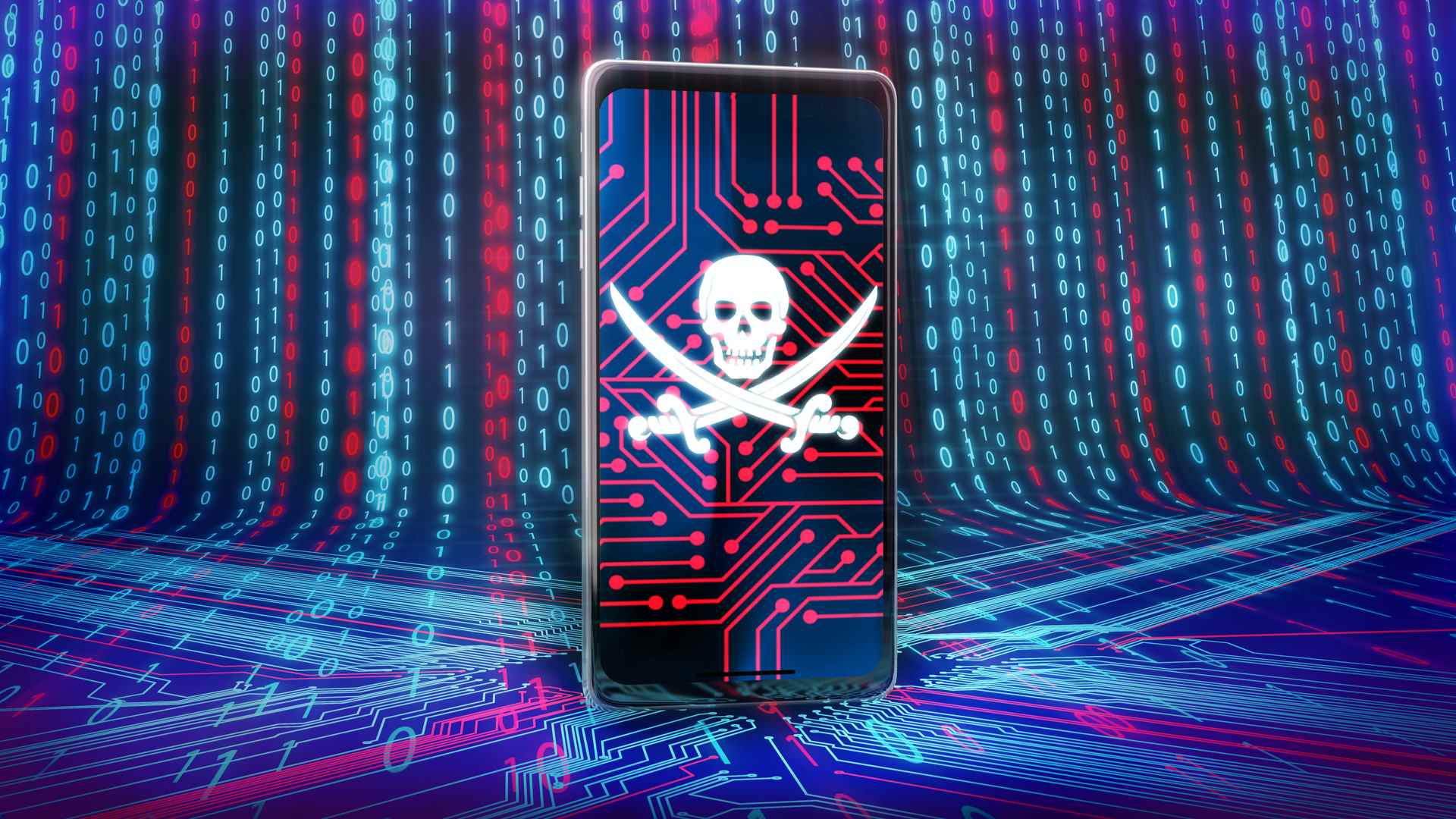 Une image d'un crâne et d'os sur un smartphone représentant un logiciel malveillant
