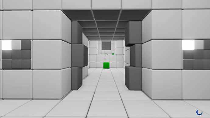Une porte s'ouvre pour révéler un seul cube vert dans QUBE (2012)