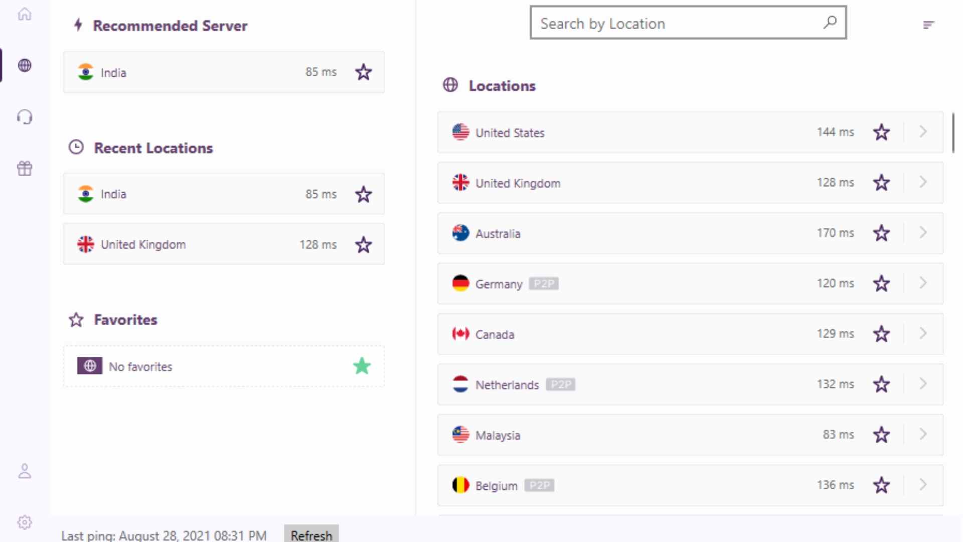 Capture d'écran PureVPN montrant une sélection de serveurs disponibles.