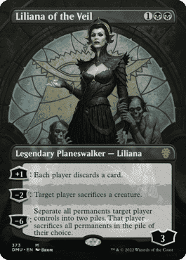 Liliana du Voile, une autre planeswalker, est entourée de morts-vivants.