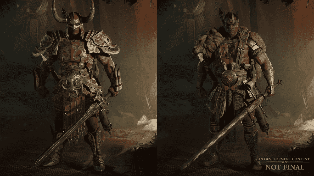Un barbare Diablo 4 en armure lourde à gauche, contrastant avec un ensemble de fourrures à droite.  Les deux sont très détaillés