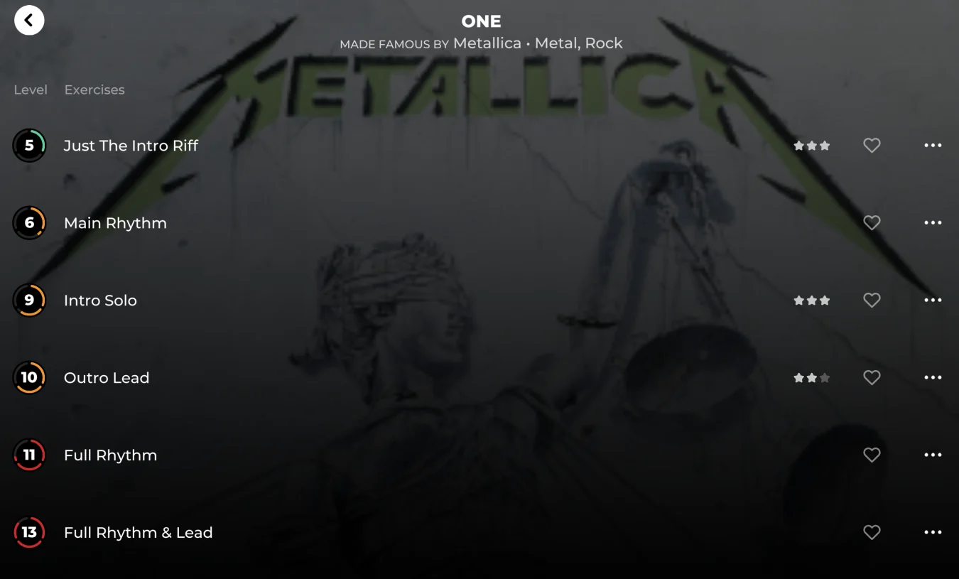 Une capture d'écran du cours Metallica dans l'application Yousician.