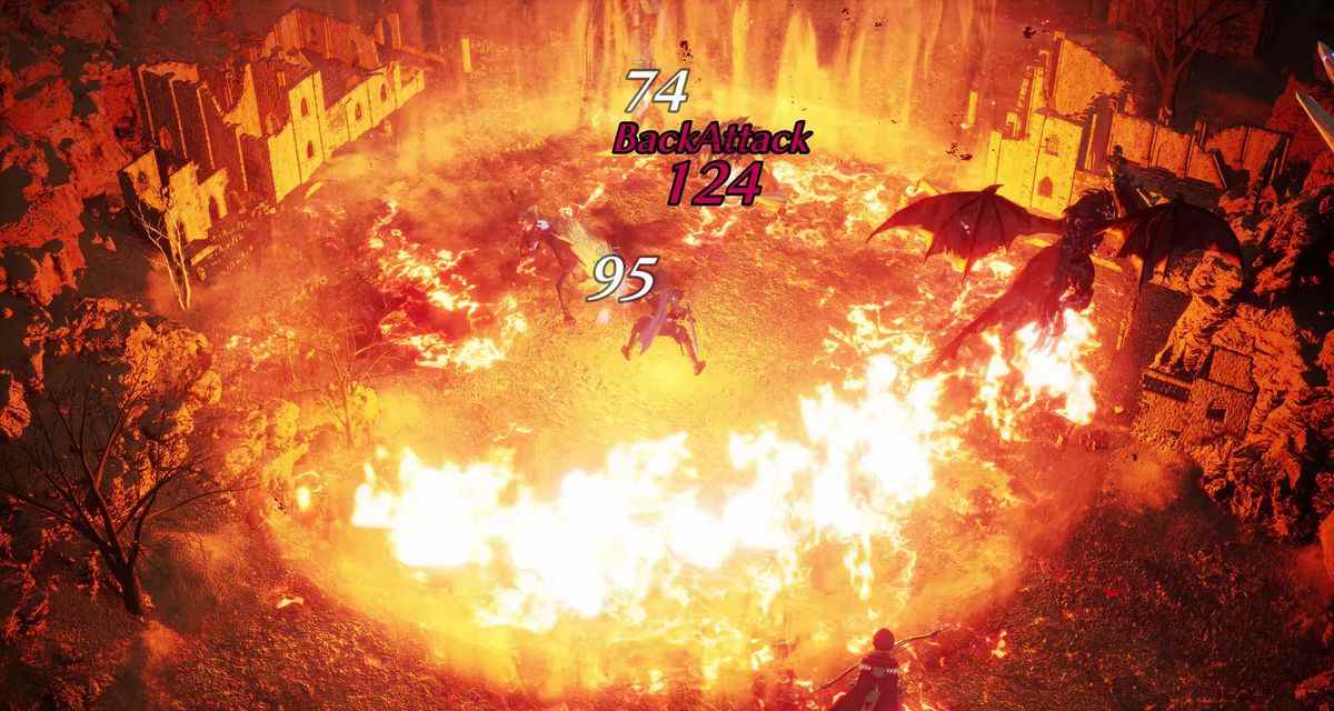 Un dragon volant brûle un champ de bataille avec des flammes dans une capture d'écran de The DioField Chronicle