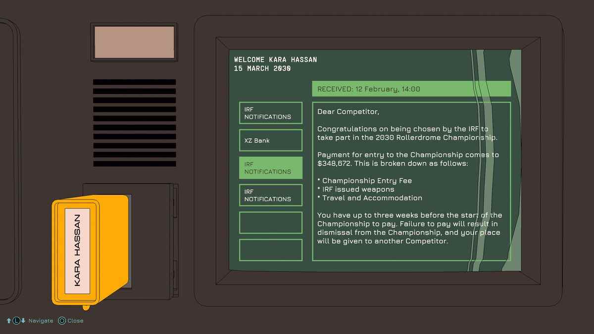 Un écran de boîte de réception pour Rollerdrome, montrant la dette contractée par le personnage principal pour participer au jeu de tir en rollers.
