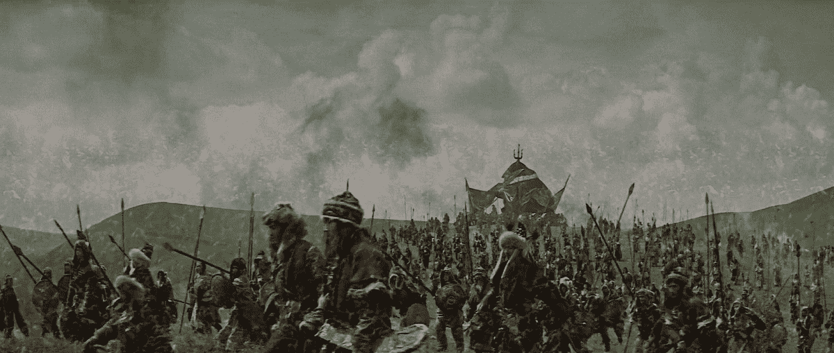 Un vaste champ de guerriers marchant au combat, commençant à se fondre dans un deuxième tir de l'armée, à Ilya Muromets