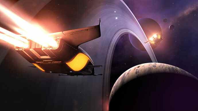 Un vaisseau spatial se dirige vers une planète aux anneaux dans Elite Dangerous