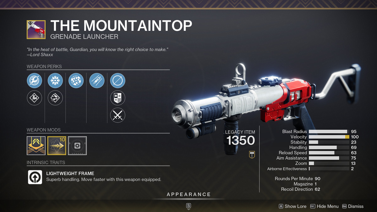 The Mountaintop, une arme qui n'a pas rattrapé le contenu actuel de Destiny 2