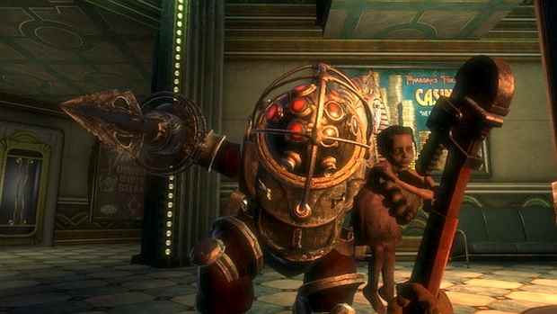 Un Big Daddy protégeant une Little Sister dans BioShock