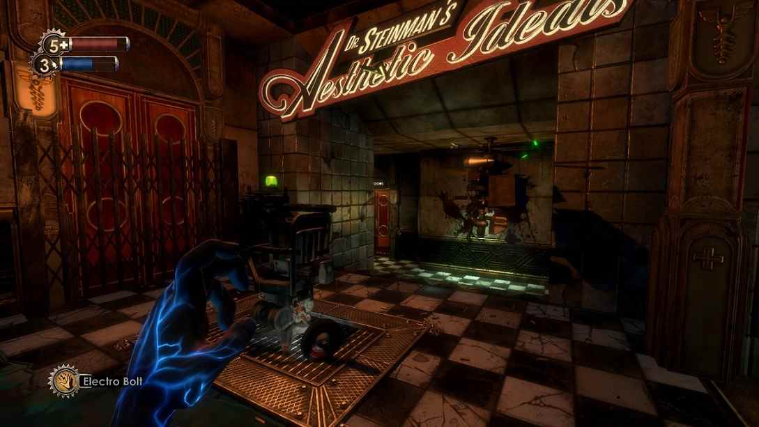 Gameplay BioShock, qui montre le personnage du joueur avec un pouvoir plasmidique équipé