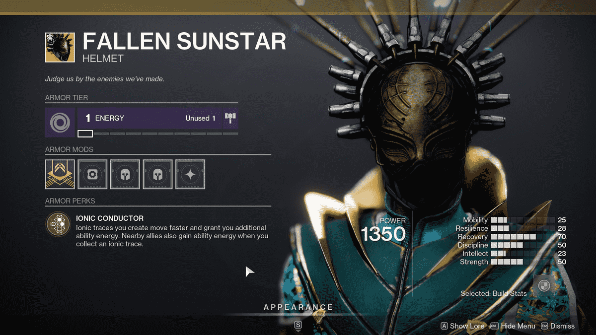 Le menu exotique du casque Fallen Sunstar Warlock pour Destiny 2 : Season of Plunder