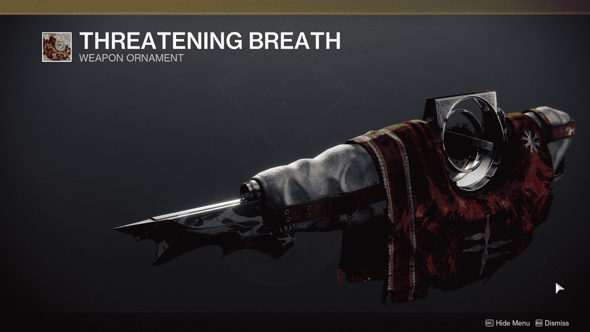 L'ornement de fusil éclaireur exotique The Threatening Breath Touch of Malice dans Destiny 2: Season of Plunder