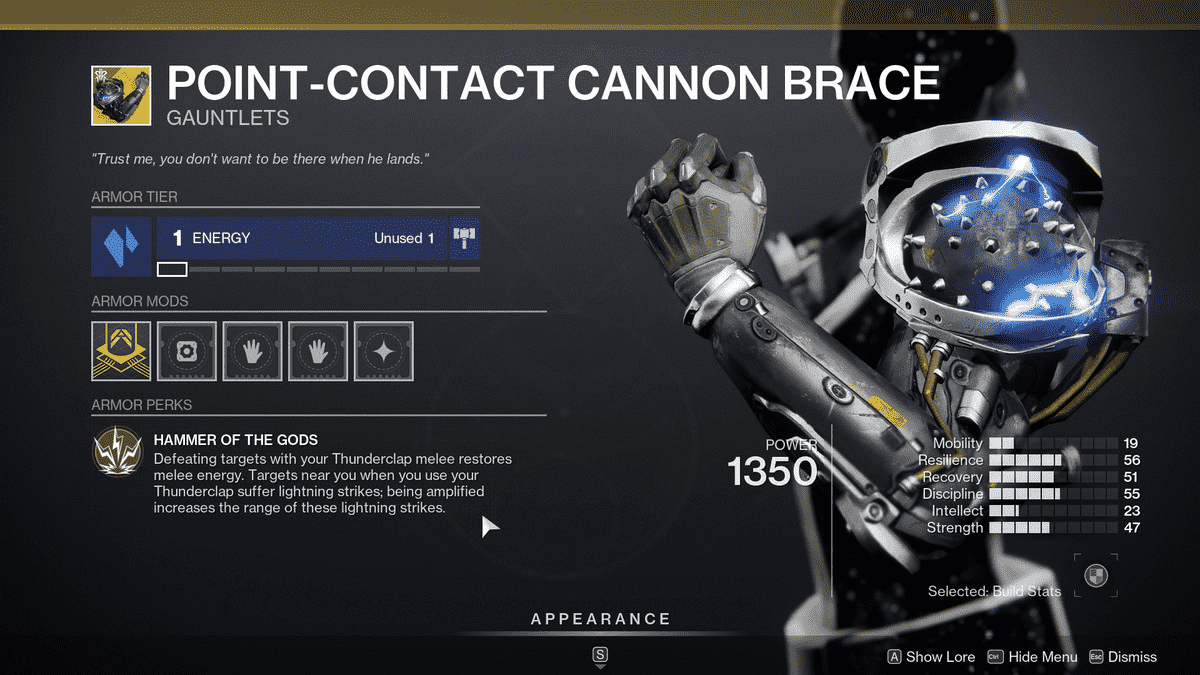 Les bras exotiques de Titan Brace Cannon Point-Contact dans Destiny 2: Season of Plunder