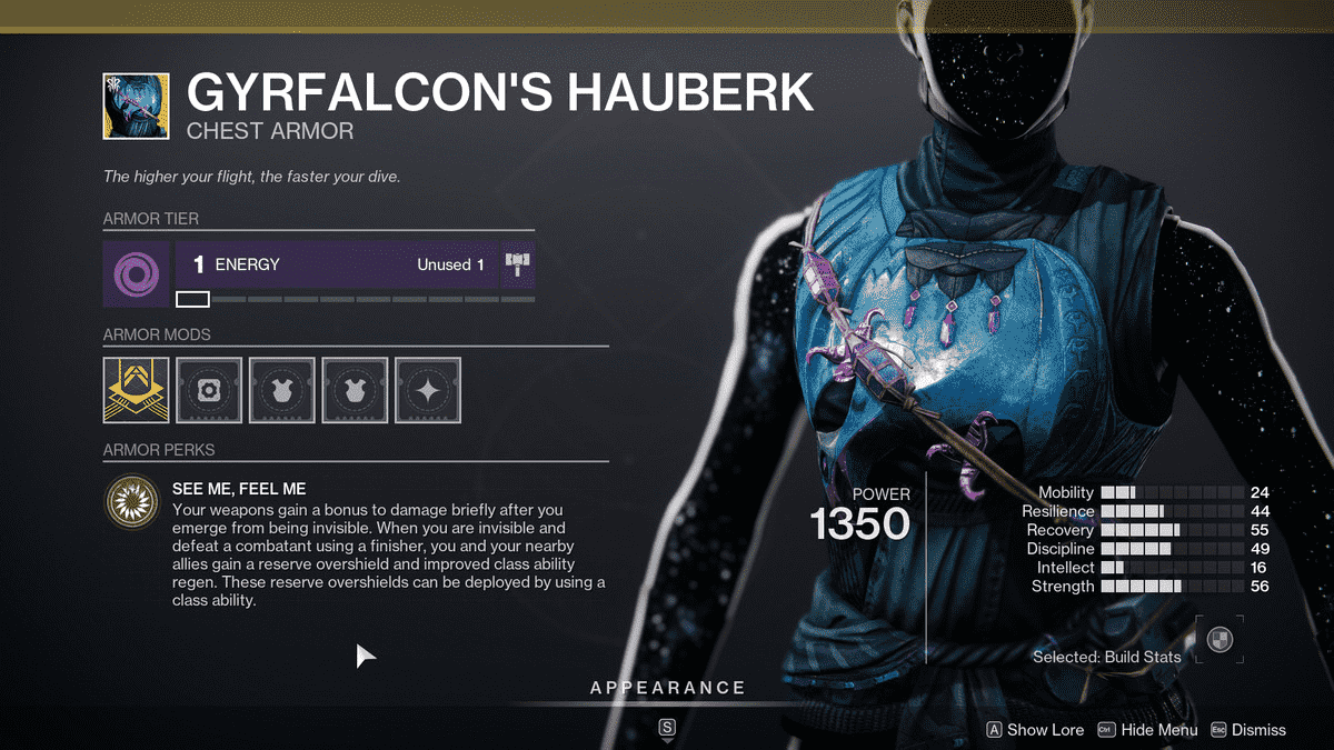 Le coffre du chasseur exotique Hauberk du faucon gerfaut dans Destiny 2: Season of Plunder