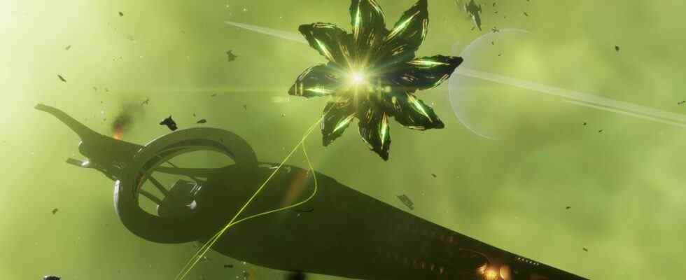 Alien thargoid ship attacking human ship