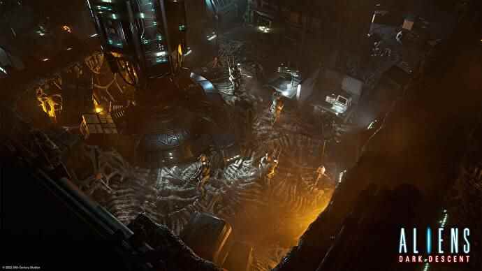 Plusieurs joueurs explorent une machine ressemblant à un monument recouverte d'un squelette étendu dans Aliens: Dark Descent