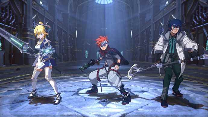 Trois personnages d'anime se préparent au combat dans Armed Fantasia