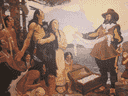 Samuel de Champlain, considéré comme le fondateur de Québec, parle avec les peuples autochtones dans ce tableau de 1911.
