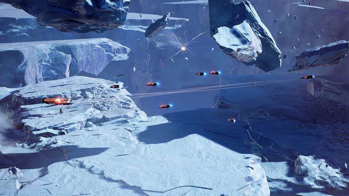 Des combattants affluent sur une planète glacée, des débris entourant une bataille rangée à l'intérieur d'un cratère.