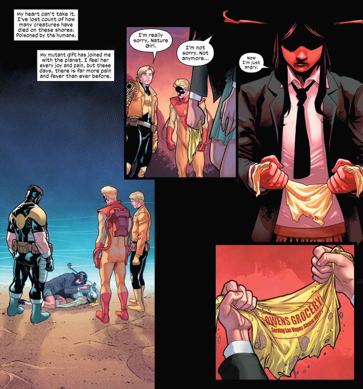 Nature Girl, Egg, Pyro et Cypher découvrent une tortue de mer morte sur la plage de Krakoa, un sac en plastique logé dans sa bouche, dans X-Men: Unlimited: X-Men Green # 1 (2022). 