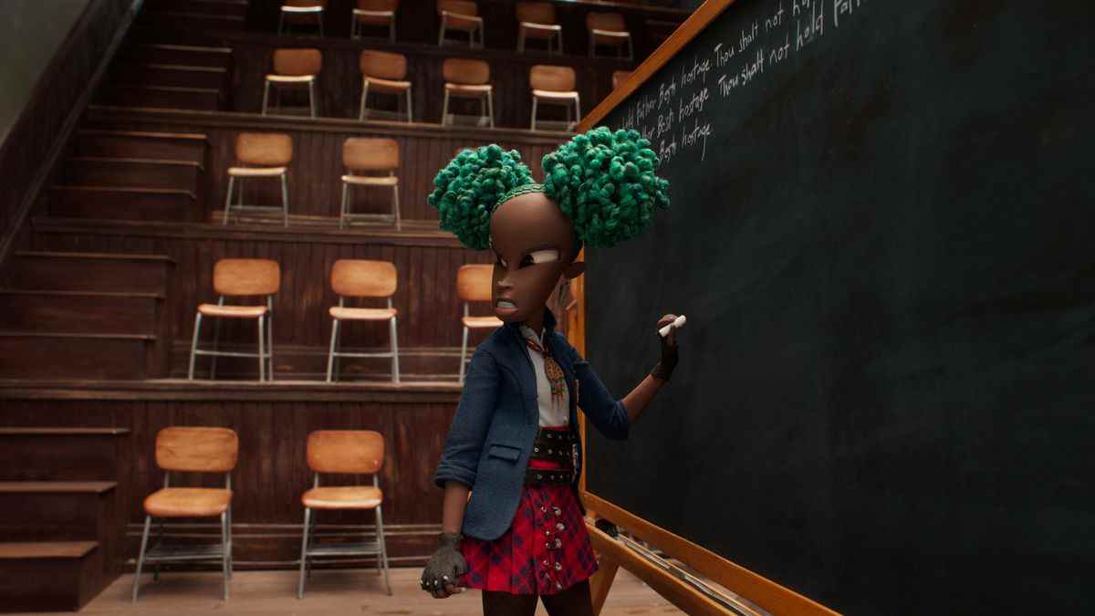 Kat, le protagoniste humain de 13 ans de Wendell &  Sauvage, se tient devant un tableau portant un uniforme scolaire catholique