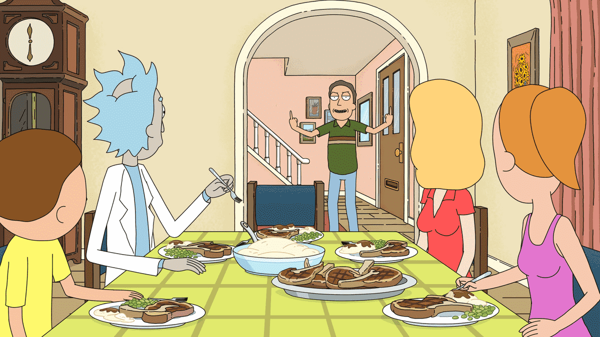 Jerry dans le hall renversant sa famille, qui est assis à table en train de manger et de le regarder au premier plan
