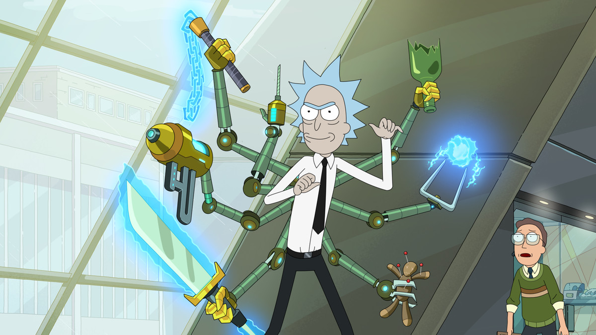 Rick debout et l'air suffisant avec un tas de bras robotiques tenant des choses sortant de son dos;  en arrière-plan, Jerry regarde en état de choc