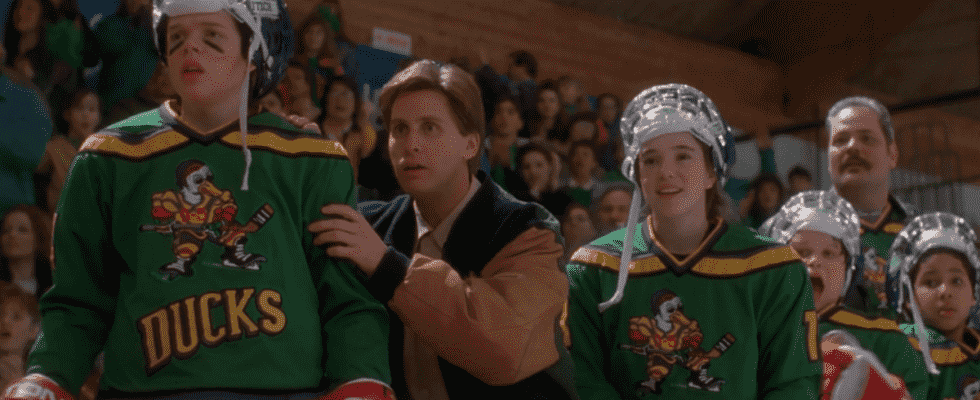 Elden Henson, Emilio Estevez and Marguerite Moreau in The Mighty Ducks