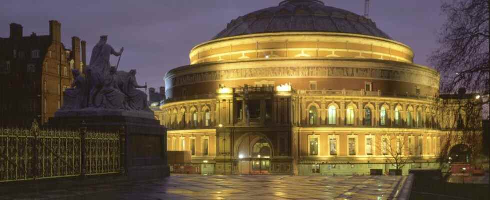 Royal Albert Hall, Kensington Gore, London, 2000. Lit up at night. The Albert Hall, a concert hall seating 8,000 people, was named in memory of Prince Albert. Built to designs by Francis Fowke, it was opened in 1871, 10 years after Albert