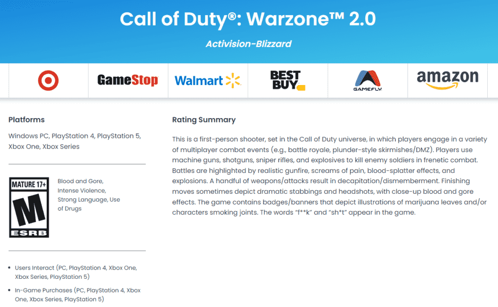 Classement Call of Duty Warzone 2.0 tel qu'il apparaît sur le site Web de l'ESRB. 