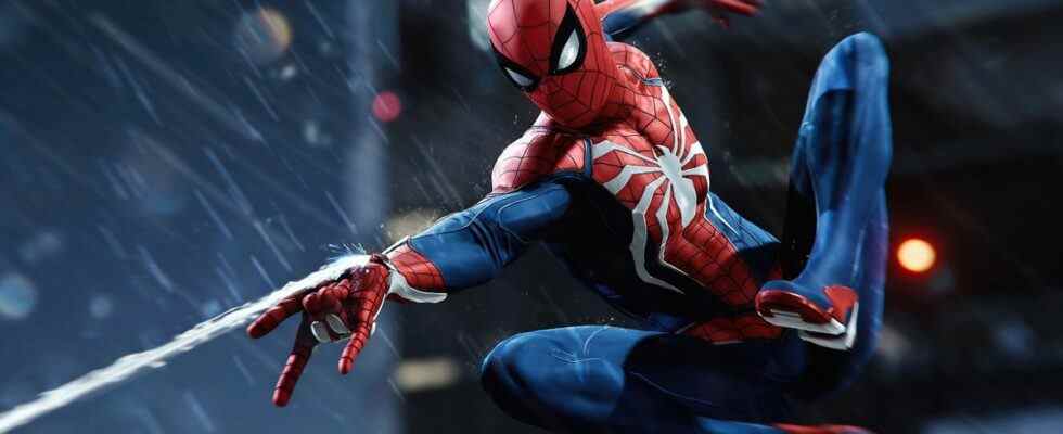 Spiderman webslinging in the rain
