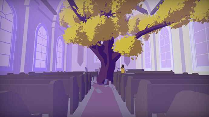 L'intérieur de ce qui ressemble à une église, teinté de violet.  Mais il y a un arbre énorme qui pousse au milieu où se trouve l'estrade.