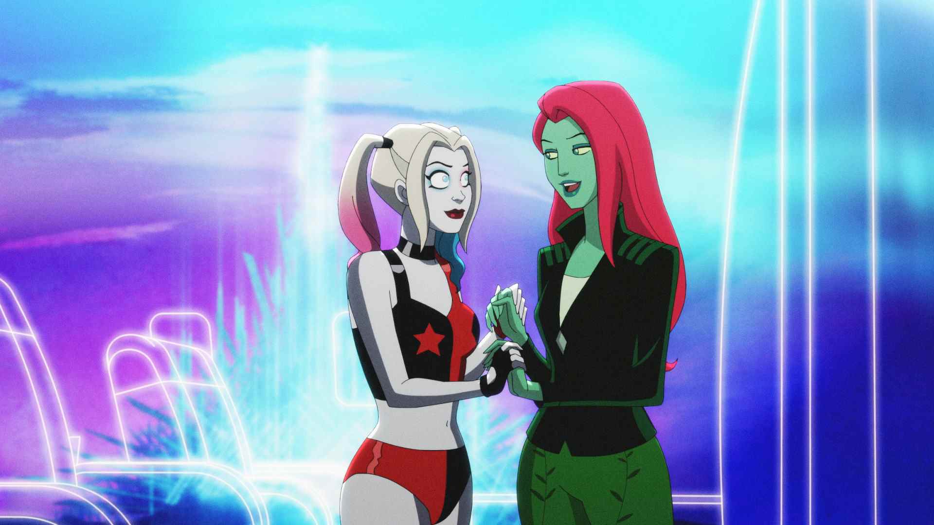 (L à R) Harley Quinn (exprimé par Kaley Cuoco) et Poison Ivy (exprimé par Lake Bell) dans le jet invisible de Wonder Woman dans Harley Quinn