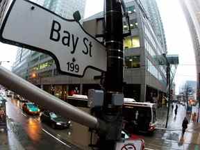 Un panneau de Bay Street, la rue principale du quartier financier de Toronto.