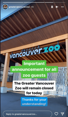 Capture d'écran de l'avis de fermeture du zoo du Grand Vancouver mardi sur Instagram.